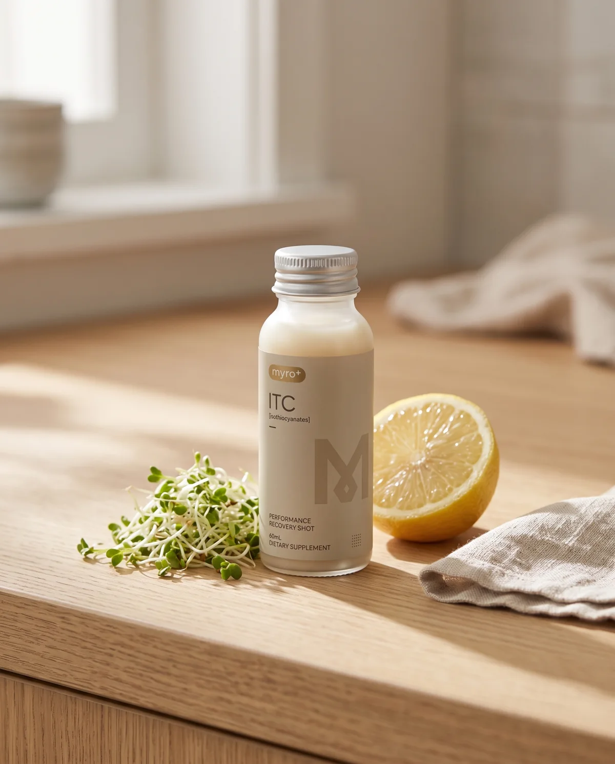 Myro ITC shot on a kitchen counter with sprouts and lemon